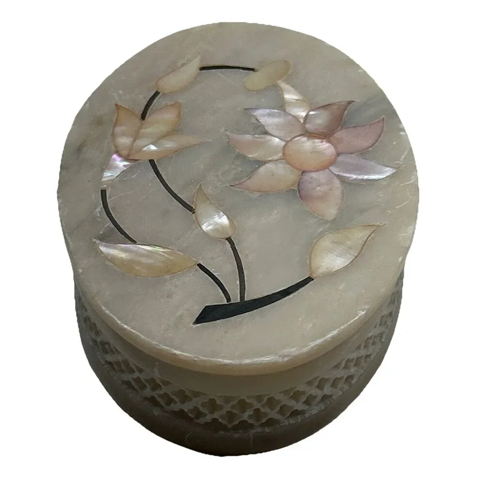 VTG Mother of Pearl Stone Marble Trinket Jewelry Box India 3” X 4”